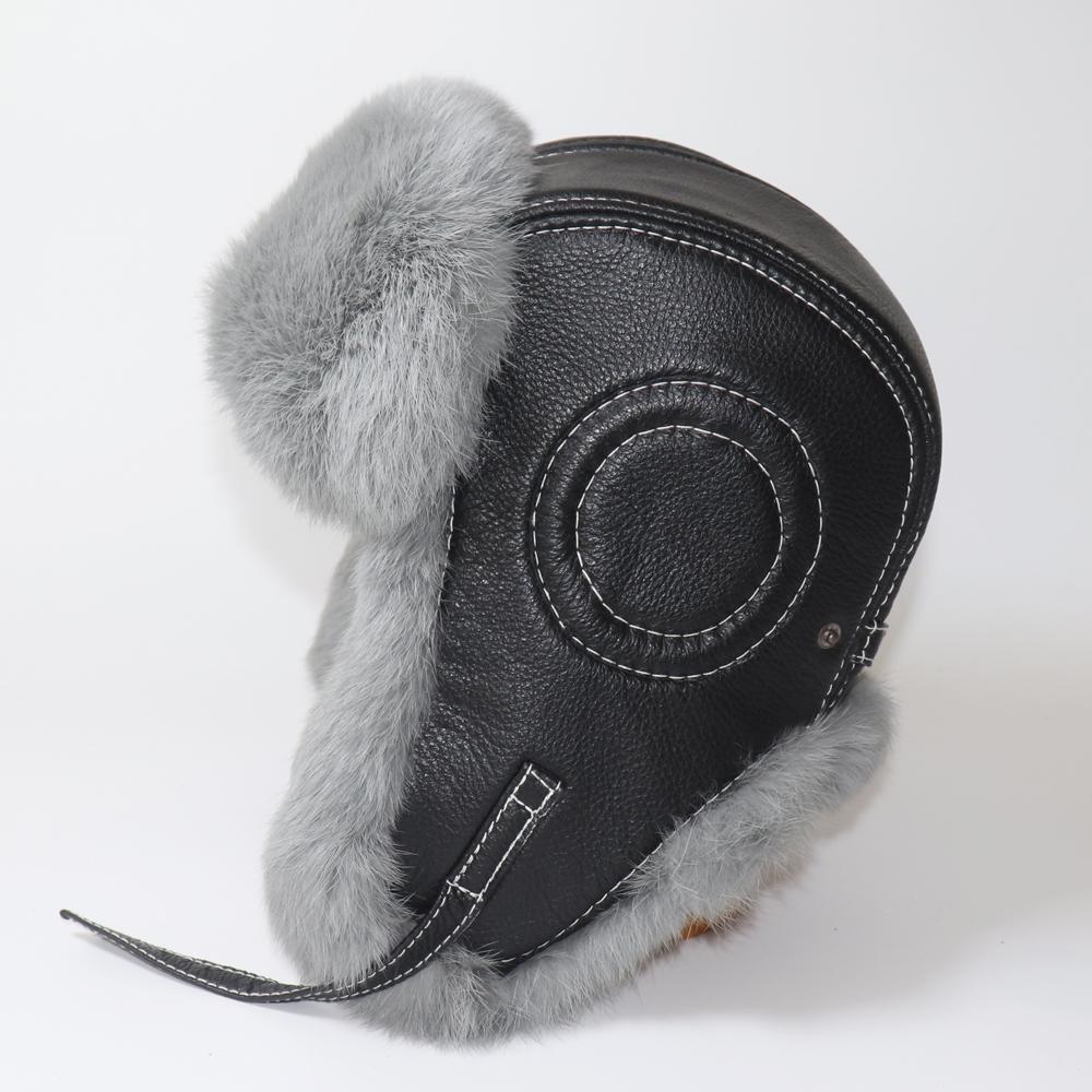 Pelzmützen für Herren, warme Bombermütze aus natürlichem Kaninchenfell mit Ohrenklappen, Winter-Hot Sale, Unisex, warme Uschanka-Mütze, echte Schafslederhüte