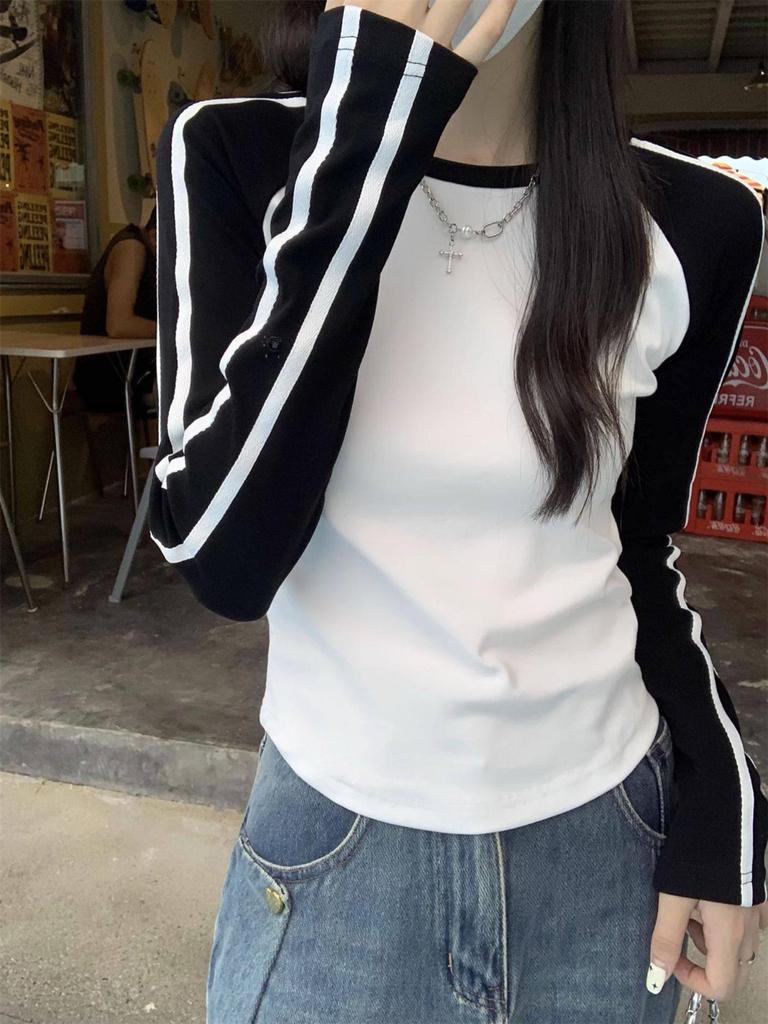 Women's Retro Raglan Long-Sleeve T-Shirt: Short Top for Spring, Autumn, Winter