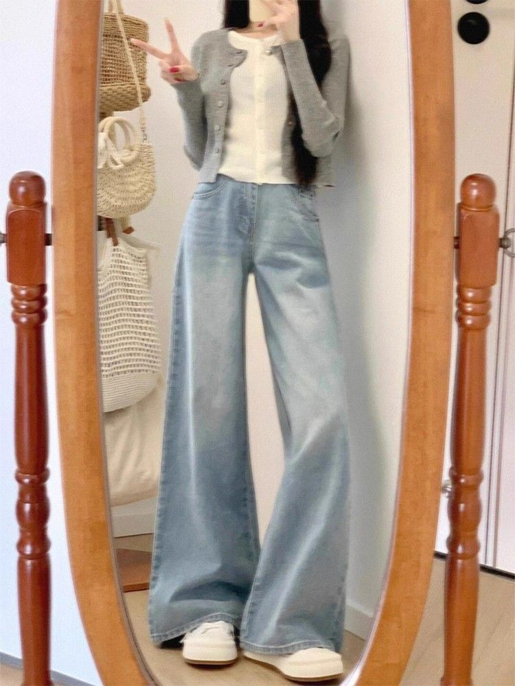 Light-coloured Wide-legged Jeans Female Large Size Loose Skinny Pear-shaped Drape Straight Straight Trousers Jeans for Women Long Denim Pants