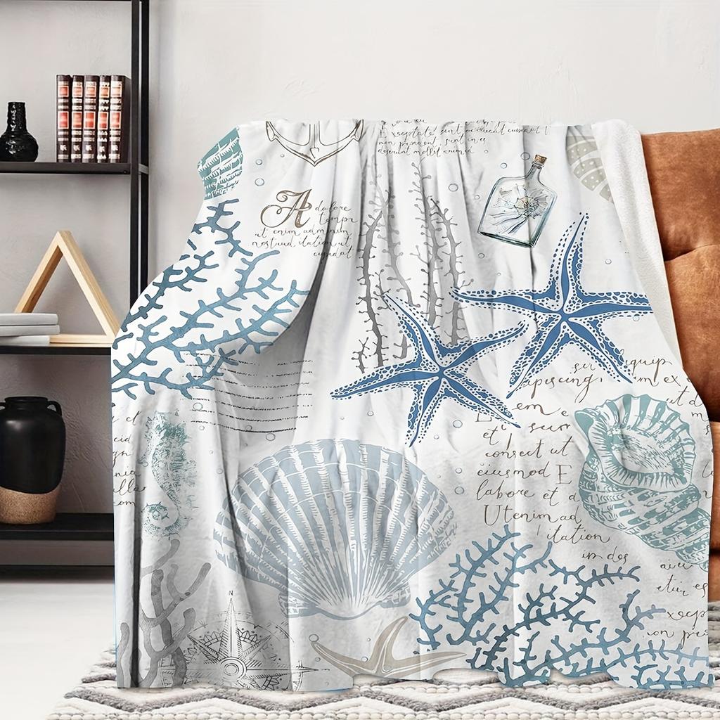 Vintage Ocean Starfish Seashell Coral Print Flannel Throw Blanket Ultra Soft Blanket for Sofa Bed Nautical Coastal Home Decor Gift