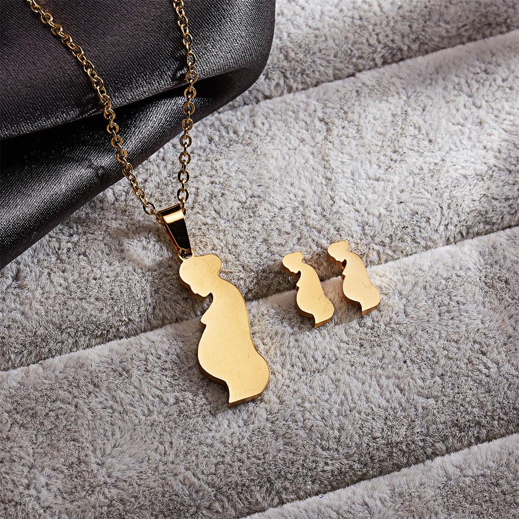 Stainless Steel Gold Color I Love MAMA Letter Necklace Earrings Set For Women Heart Mom Daughter Figure Mother's Day Jewelry Set