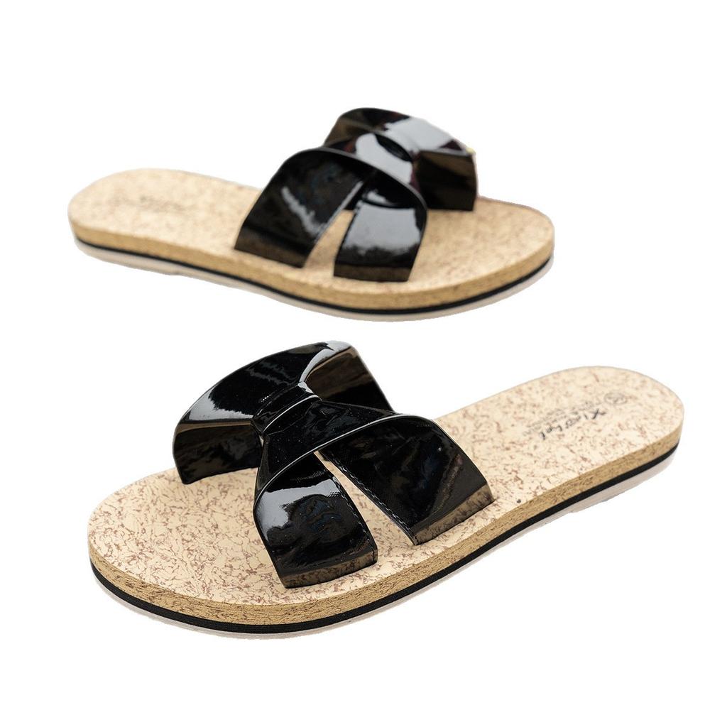 Summer women's casual slippers new outer wear bow flat bottom round head word beach sandals