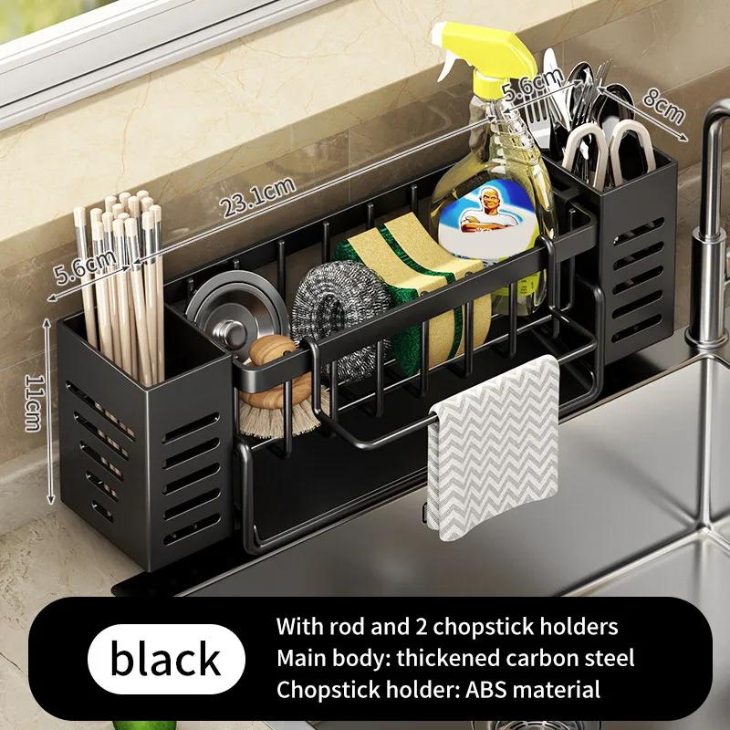 Stainless Steel Kitchen Sink Storage Rack Space Saving Built-in Sponge Rack And Drainage Basket For Kitchen Cleaning And Storage