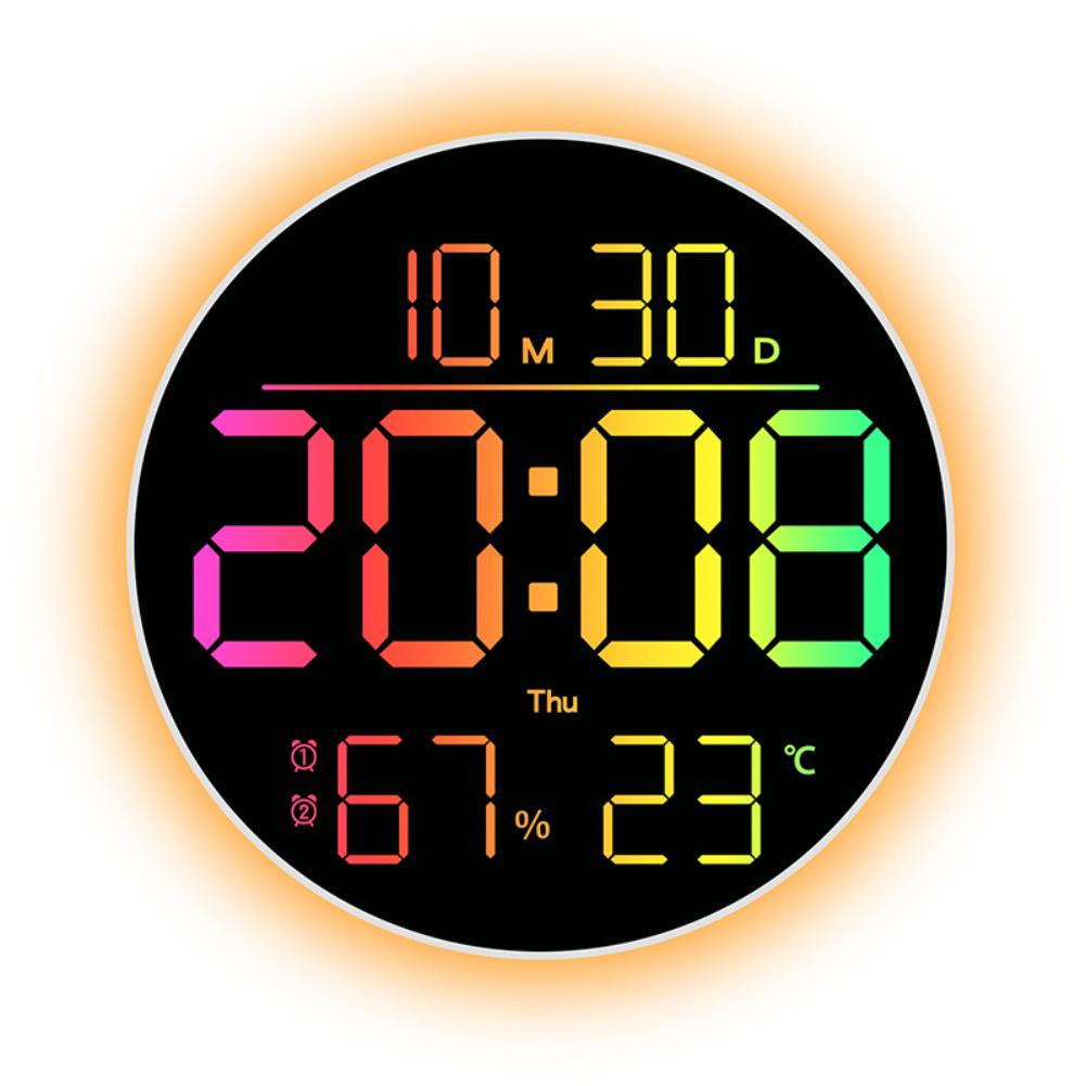 Colorful RGB Wall Clock With Remote Control Displays Date, Day, Temperature, And Humidity For Home Decor