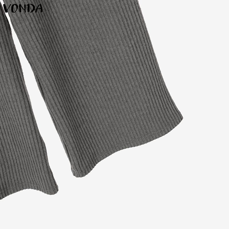 VONDA Two Piece Suit Autumn Spring Women Rib Long Sleeve Blouse and Pants Casual Sets