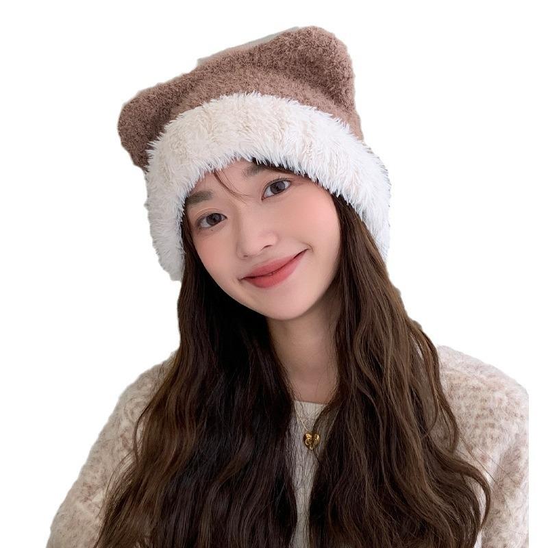 Herbst- und Wintermützen für Damen Einfarbig Vielseitige gestrickte Wollmützen für Winterwärme Niedliche Ohren-Überzieh-Mütze Ohrenschutz Kalte Mütze Neu