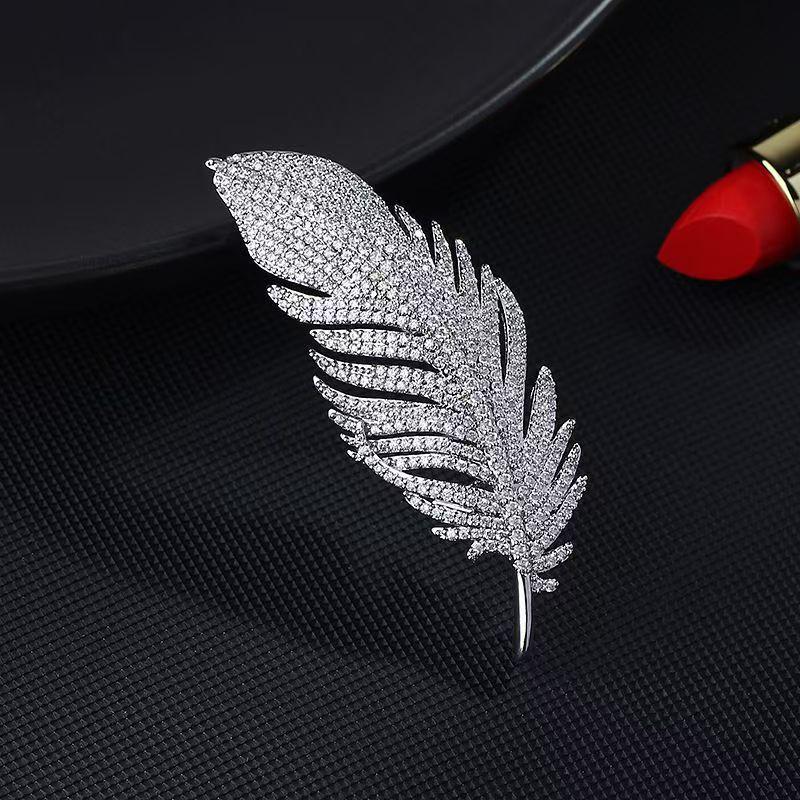 Korean Style Silver Zircon Feather Brooch for Ladies - Fashionable Suit Pin Corsage & Overcoat Accessory