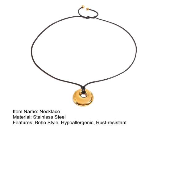 Boho Style Necklace Stainless Steel Ring Pendant Hypoallergenic Necklace Adjustable Black Cord Necklace Jewelry Gift for Him Her