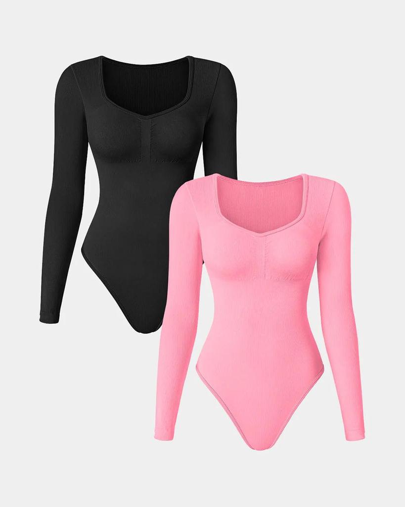 Seamless Knitted Ribbed Long Sleeve V-Neck Yoga Bodysuit Jumpsuit