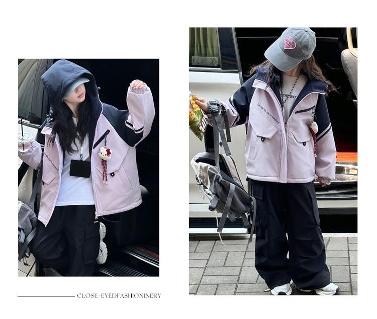 Girls' Reversible Hooded Mid-Length Fleece-Lined Windbreaker (2025 Autumn/Winter Collection)