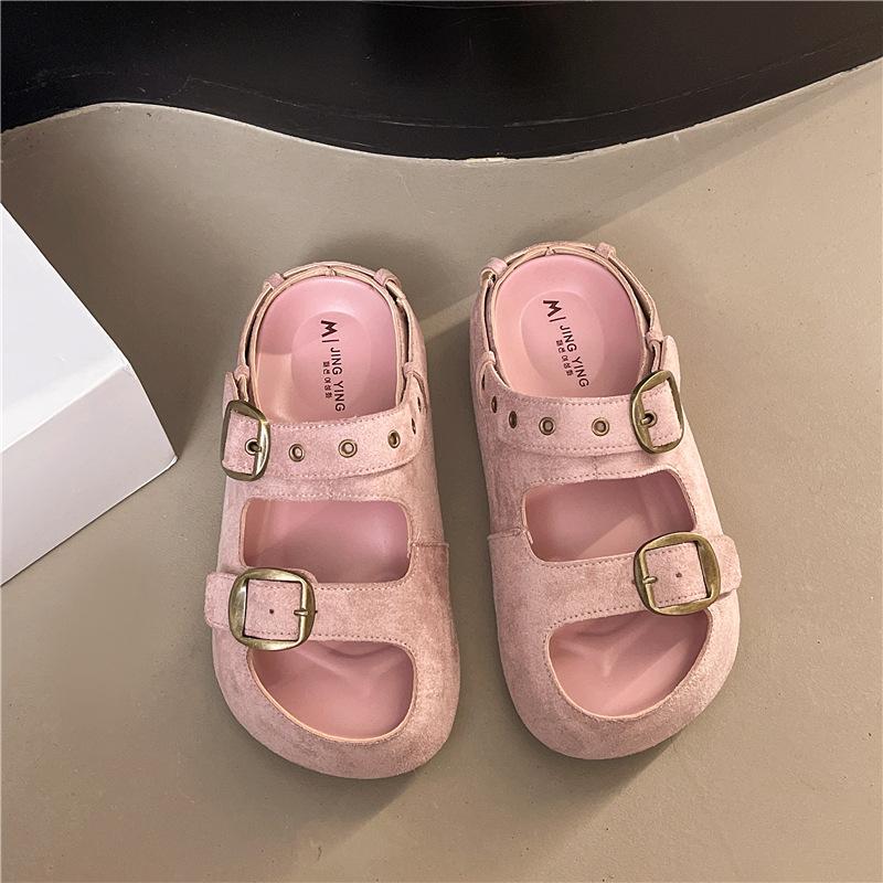 2025 summer new casual outer wear belt buckle cool slippers thick bottom fashion beach one word slippers women
