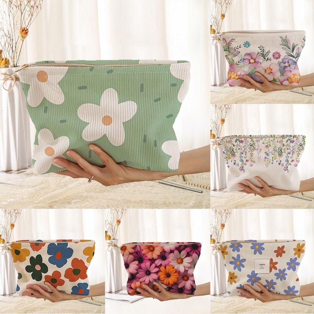 New Portable Floral Cosmetic Bag Corduroy Lightweight Zipper Makeup Organizer Multifunctional Large Capacity Storage Bag Travel