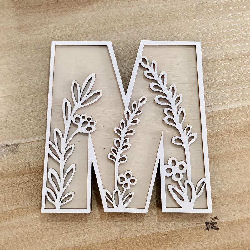 26pcs Wooden Alphabet Letters Wall Decor Set, Engraved Floral Pattern, Home Craft Ornaments, Elegant Display for Living Room