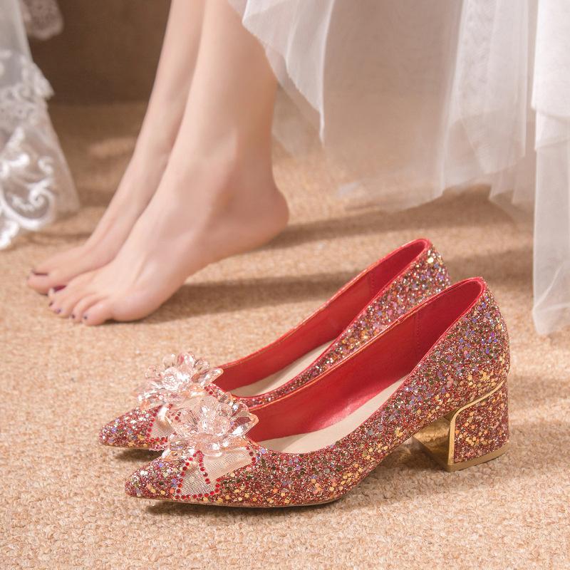 Large size Chinese wedding shoes bridal shoes new crystal sequined wedding show heel pointed single shoes