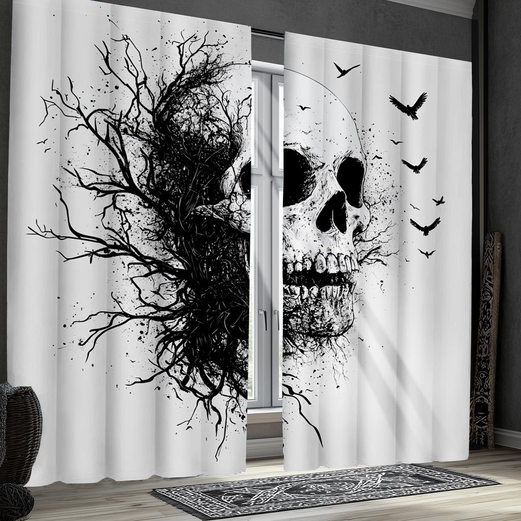 2pcs Classic Gothic Skull and Branches Black and White Polyester Decorative Curtains   Scary Art Design for Home Decor