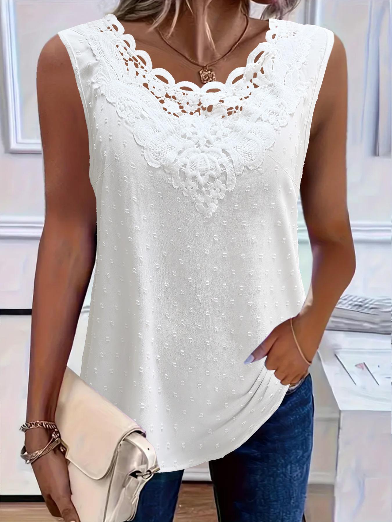 2026 European & American Elegant Lace Collar Patchwork Round Neck Crochet T-shirt for Women - Spring/Summer S белый