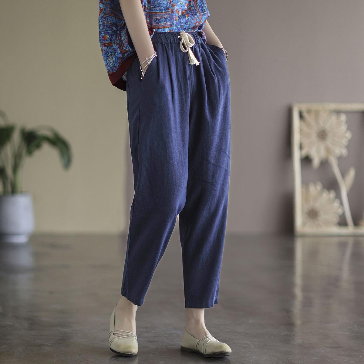 

Женские брюки с высокой талией из хлопка и льна - весна/лето 2024 г., корейский стиль, прямые, свободные, облегающие, повседневные. L 100-120 jin