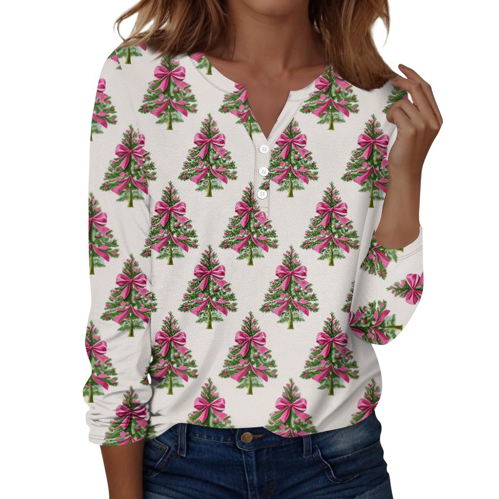 Women's Fashion Casual H Printed V-Neck Long Sleeve Decorative Button T-Shirt Tops