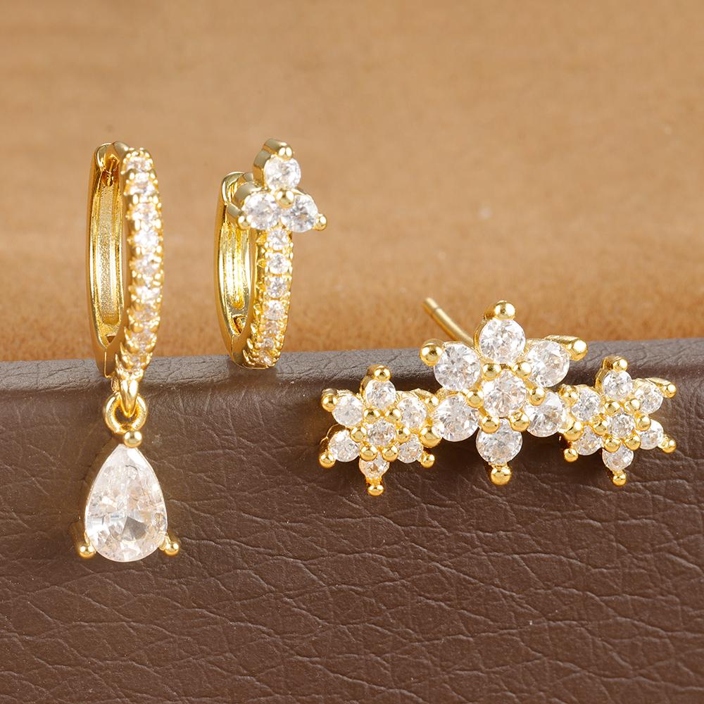 3PCS Gold Filled Flower Pendant Hoop Earrings Set for Women Stainless Steel Helix Rook Conch Tragus Stud Earring Fashion Jewelry