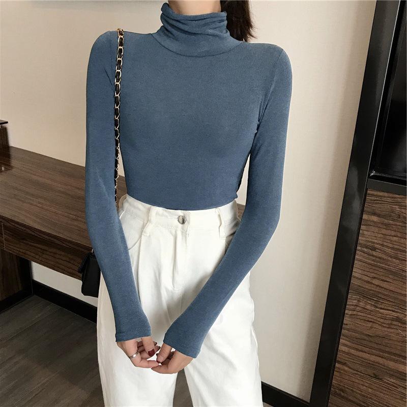 Women's Solid Color High Neck Base Layer Top Korean Style Versatile Long Sleeve T-Shirt Slim Fit Inner Wear for Autumn and Winter