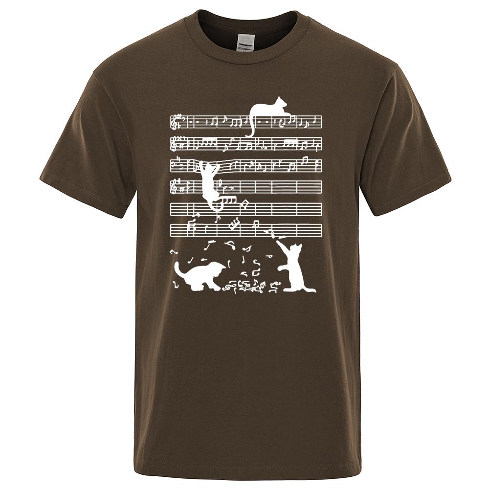 Cotton T Shirt Printed Cat Playing Staves Funny T-shirts for Men Summer Short Sleeve Top Tee Shirts Casual Basic Mens T-shirt