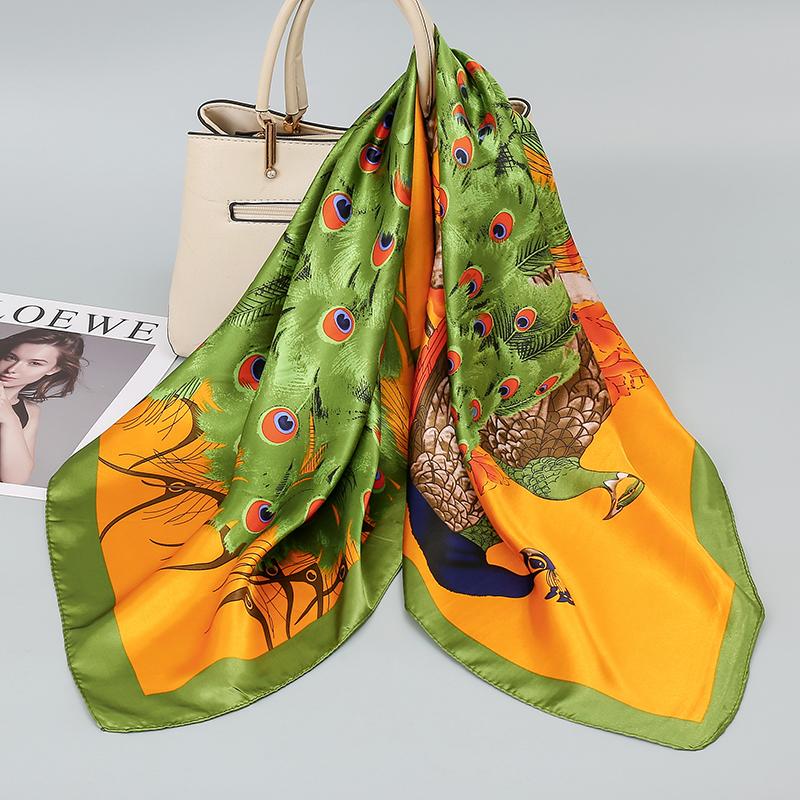 90*90cm Hijab Scarves Women Fashion Peacock Pattern Print Scarf Female Square Shawls Head Ladies Bandanna Foulard Muffler Girl