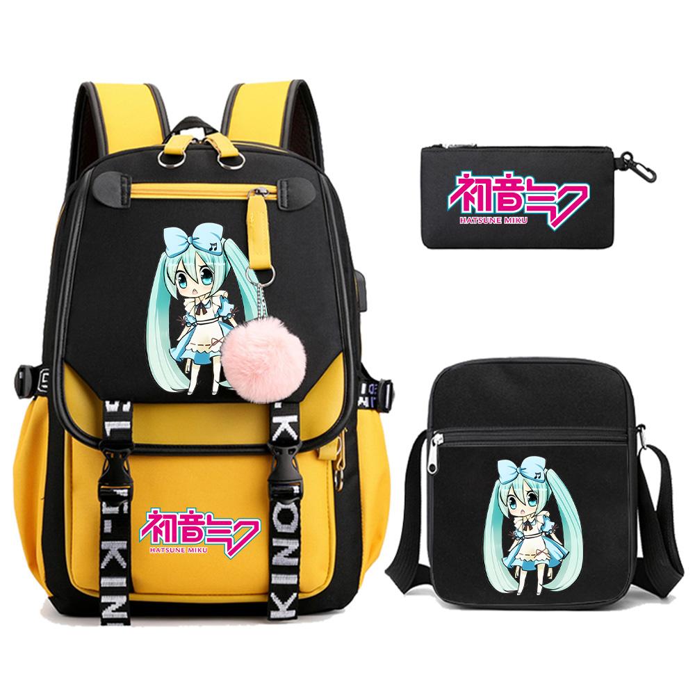 3ks/sada Anime Kreslený Batoh s Potiskem Hatsune Miku s Taškou přes Rameno pro Teenagera Studenta Dívku Chlapce Velkokapacitní Voděodolný Školní Batoh Mochila