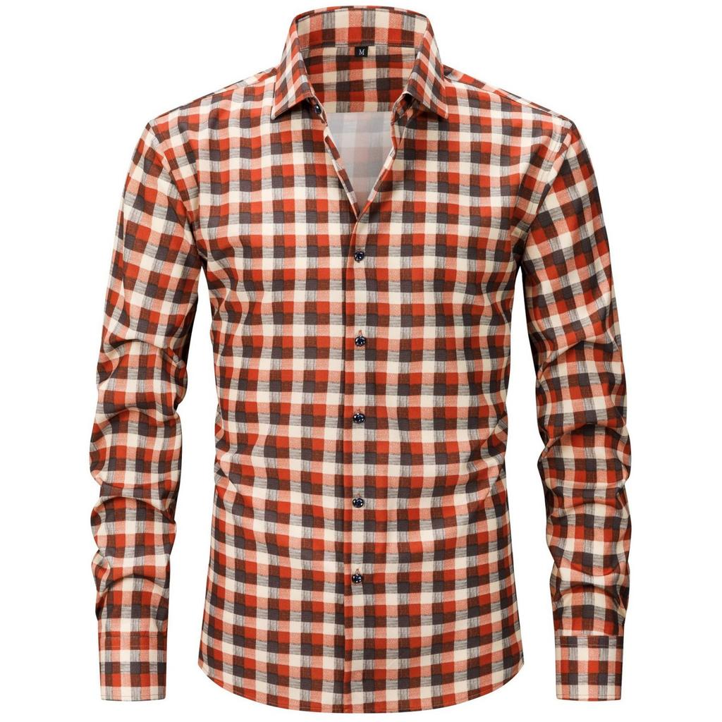 Herren Großgröße Elastisches Kariertes Gestreiftes Langarmhemd, Herren Digital Bedrucktes Hemd mit Leichtem Knopfverschluss und Eckkragen