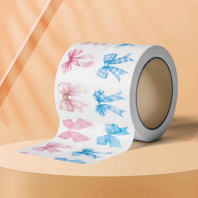 500Pcs/Roll Bow Print Stickers Waterproof Self-Adhesive Decals for Laptop Scrapbook Journal Packaging Decoration