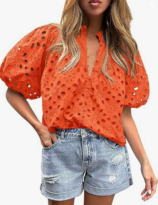 Women's V-Neck Lace Embroidery Lantern Sleeve Summer Top