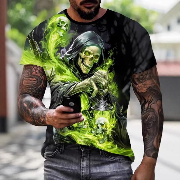 Summer Round Neck 3D Skull Print Top Fashionable Casual Short Sleeved Men's T-shirts