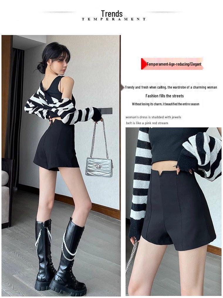 Black Women's High-Waisted A-Line Shorts - 2026 Trendy Spring/Summer Elastic Casual Wide-Leg Hot Pants
