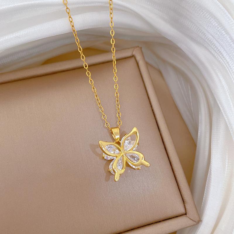 Titanium Steel, Empty Zircon Butterfly Light Luxury Temperament Gorgeous Full Diamond Necklace Female Versatile Collarbone Chain Titanium Steel Chain