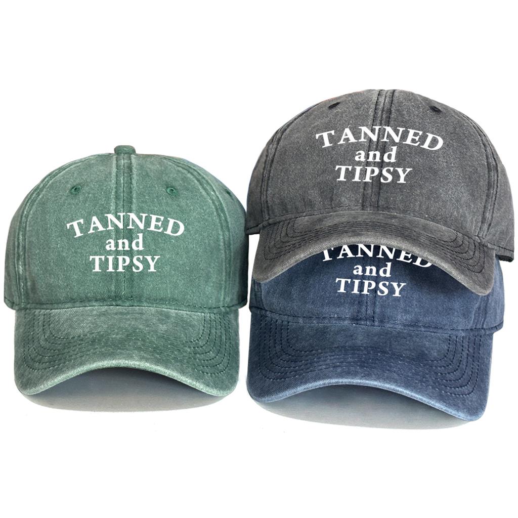 Unisex Adjustable Sun Hat "Tanned and Tipsy" Print Trucker Cap Distressed Retro Outdoor Snapback Baseball Caps One Size Fits All