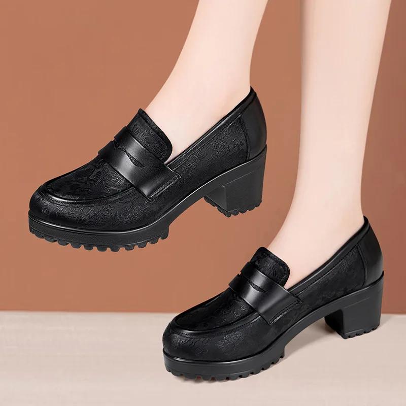 

6cm Small Size 32-43 Britisy Style Soft Leather Loafers Women Pumps 2026 Fall Med Block Heels Shoes Platform for Office Mom 43
