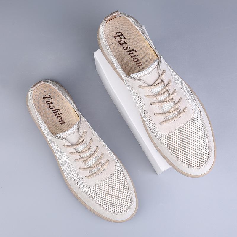 

Men s shoes 2025 summer new men s fly-woven mesh breathable hollow leather shoes deodorant feet flat bottom wear-resistant casual shoes 44 пісочний