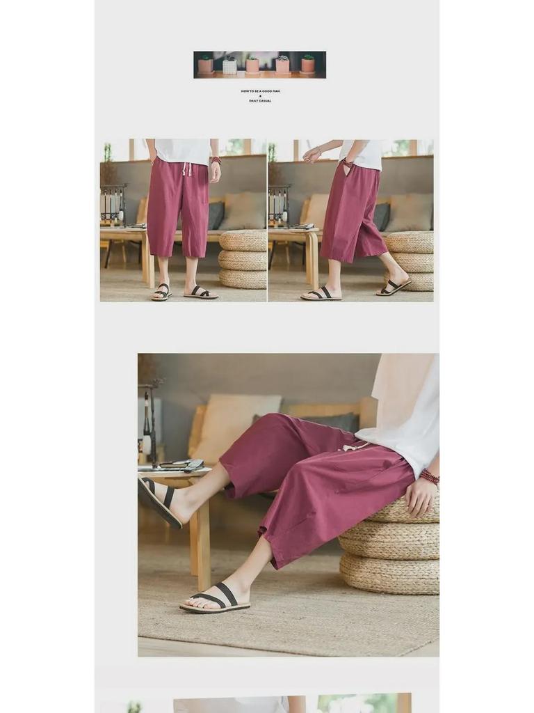 Men's Cropped Chinese Style Linen Shorts - Summer Wide-Leg 7-Point Casual Trousers