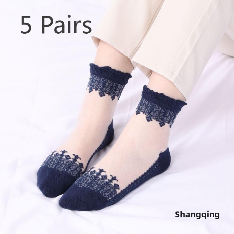 5 Pairs of Women's Spring Thin Mid Cylinder Cotton Sole Lace Lace Socks