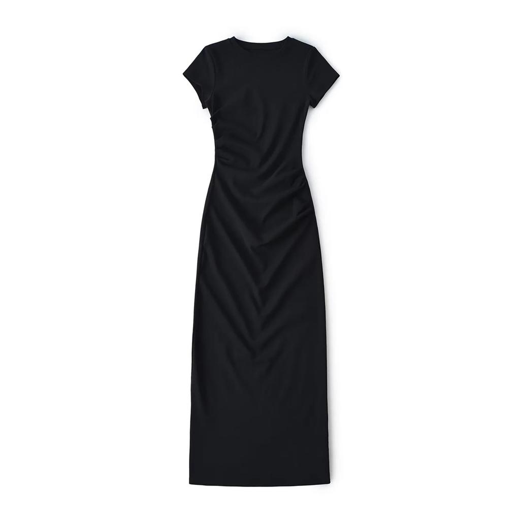 Wind Summer Round Neck Short-sleeved Dress Design Pleated Elastic Slim Sexy Hip-wrapped Knee Dress