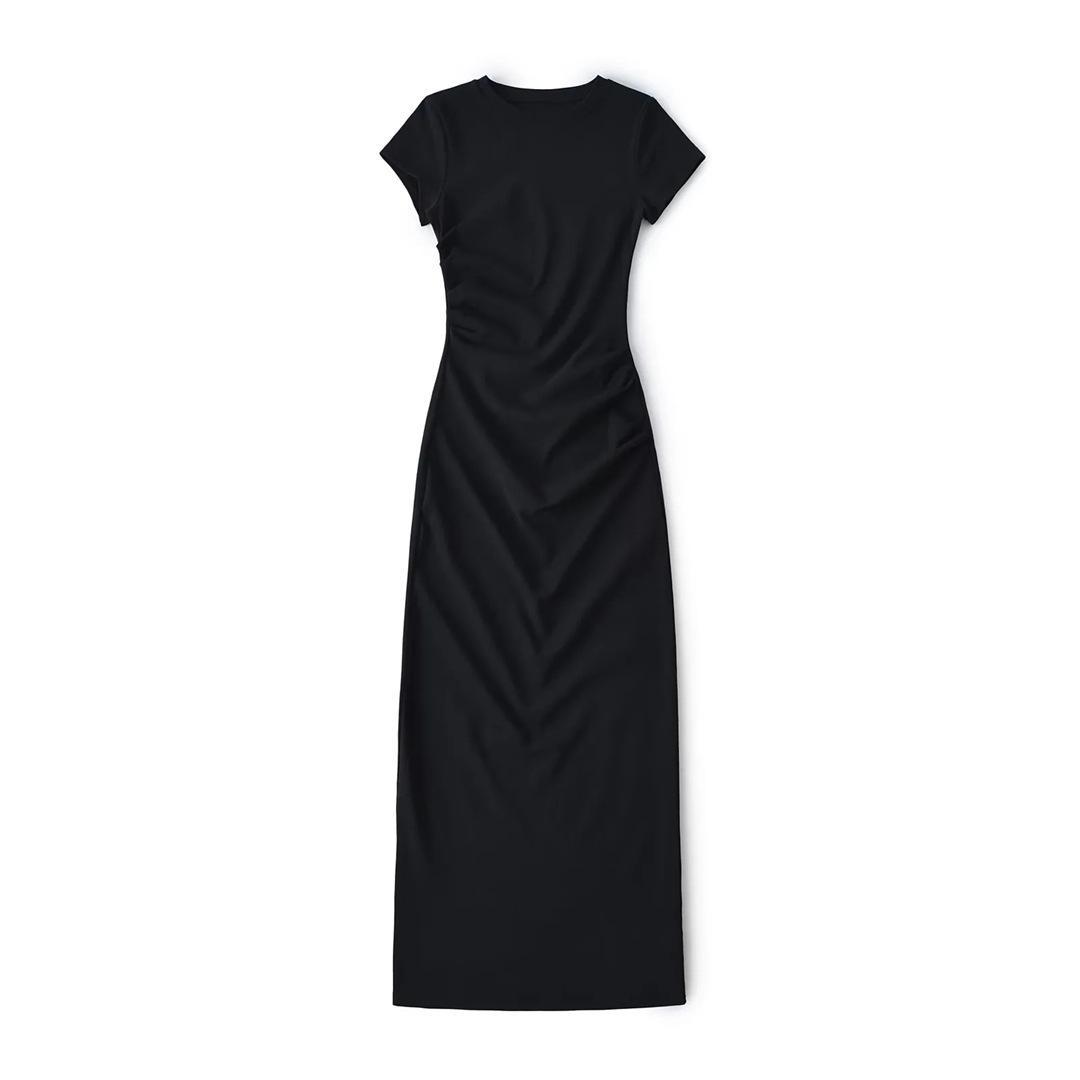 

Wind summer round neck short-sleeved dress design pleated elastic slim sexy hip-wrapped knee dress M чорний