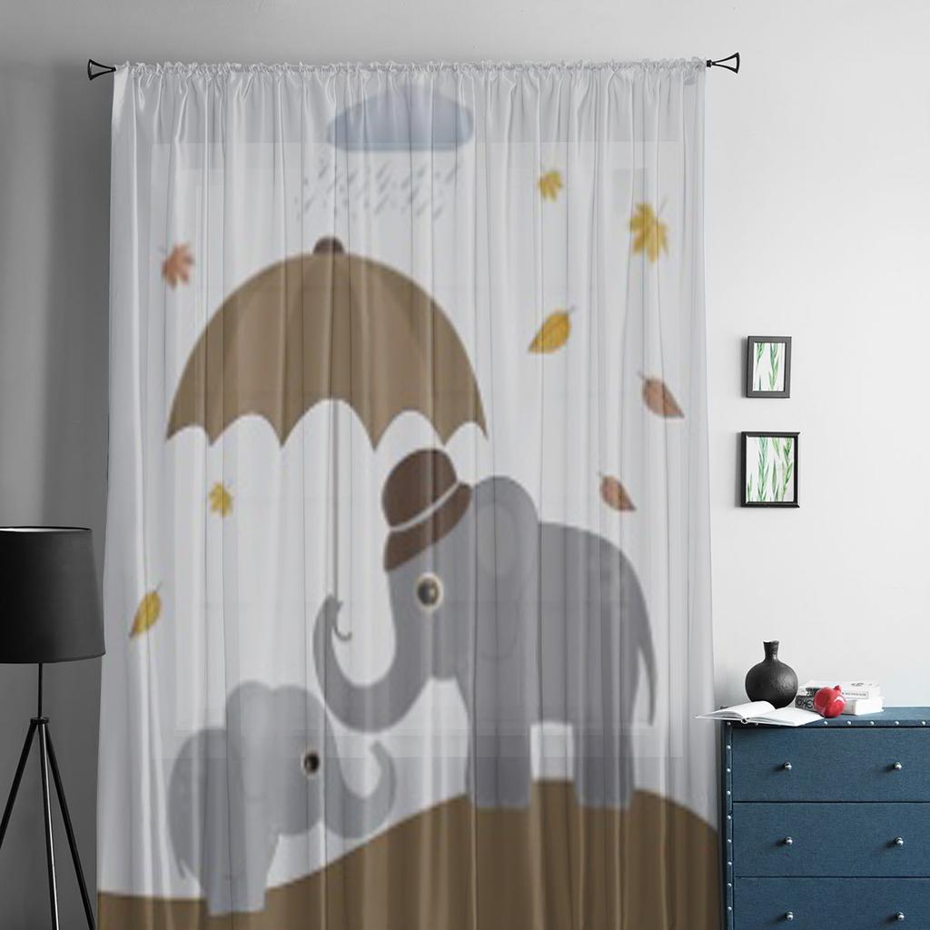 Niedliche Elefanten mit Regenschirm, transparente Vorhänge für Schlafzimmer, Wohnzimmer, Tüllvorhänge für Küche, Fenster, Voile-Vorhänge
