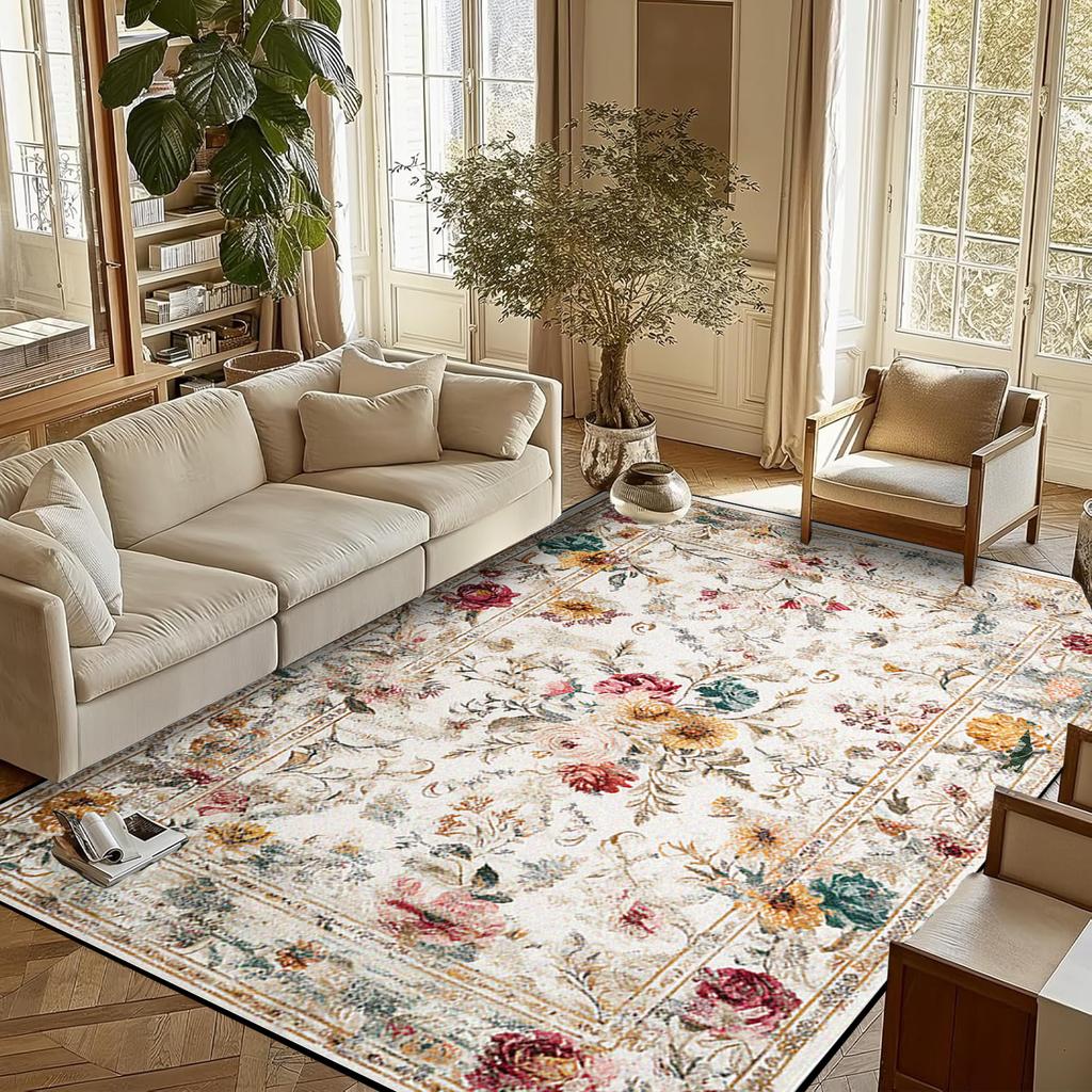 Retro Flower Living Room Carpet Non-slip Machine Washable Soft Floor Mat Nordic Style Plant Rugs Large Size Home Decoration Mats