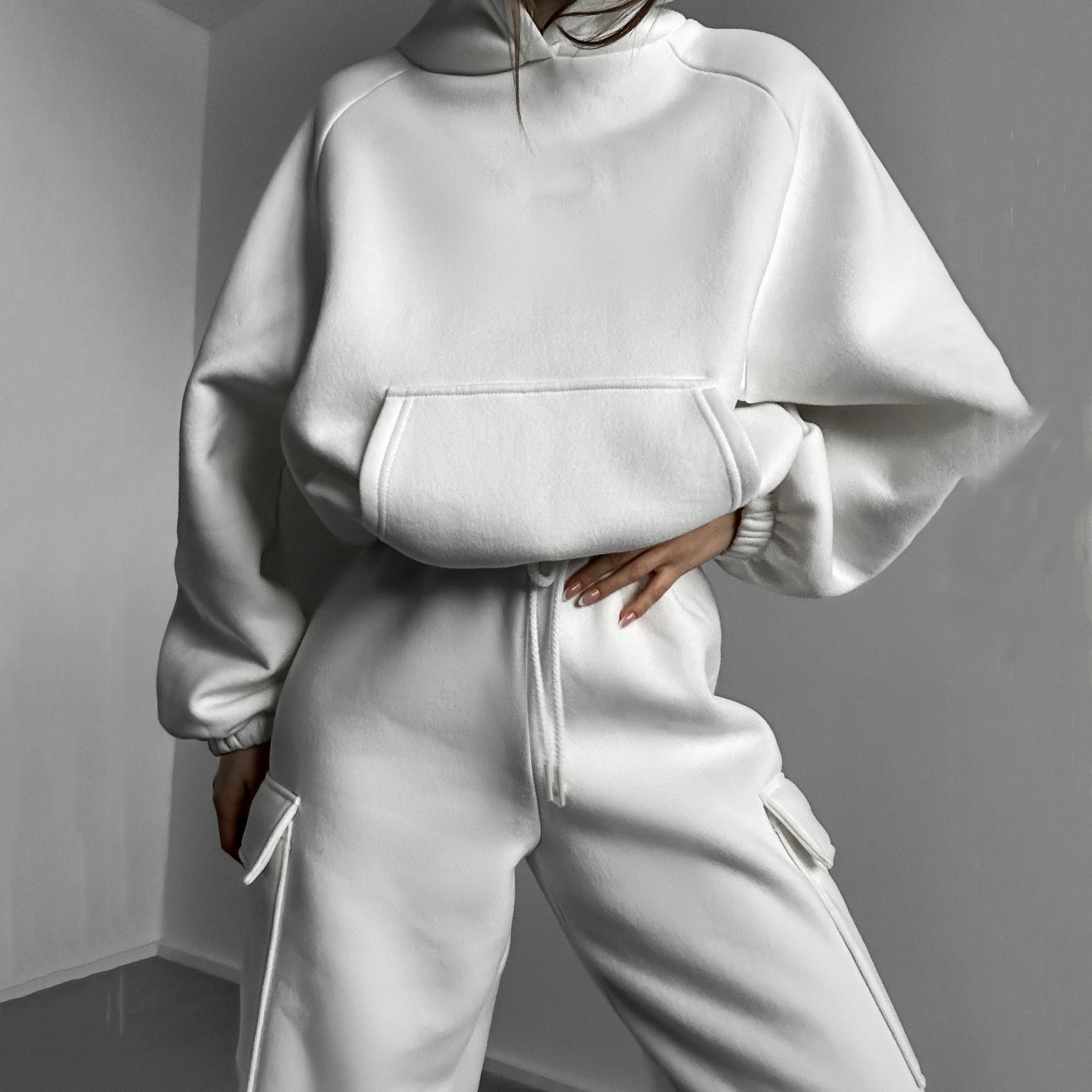 

Женские однотонные толстовки с длинным рукавом и круглым вырезом, свитер, костюм на осень-зиму, свободный топ, широкие брюки S белый