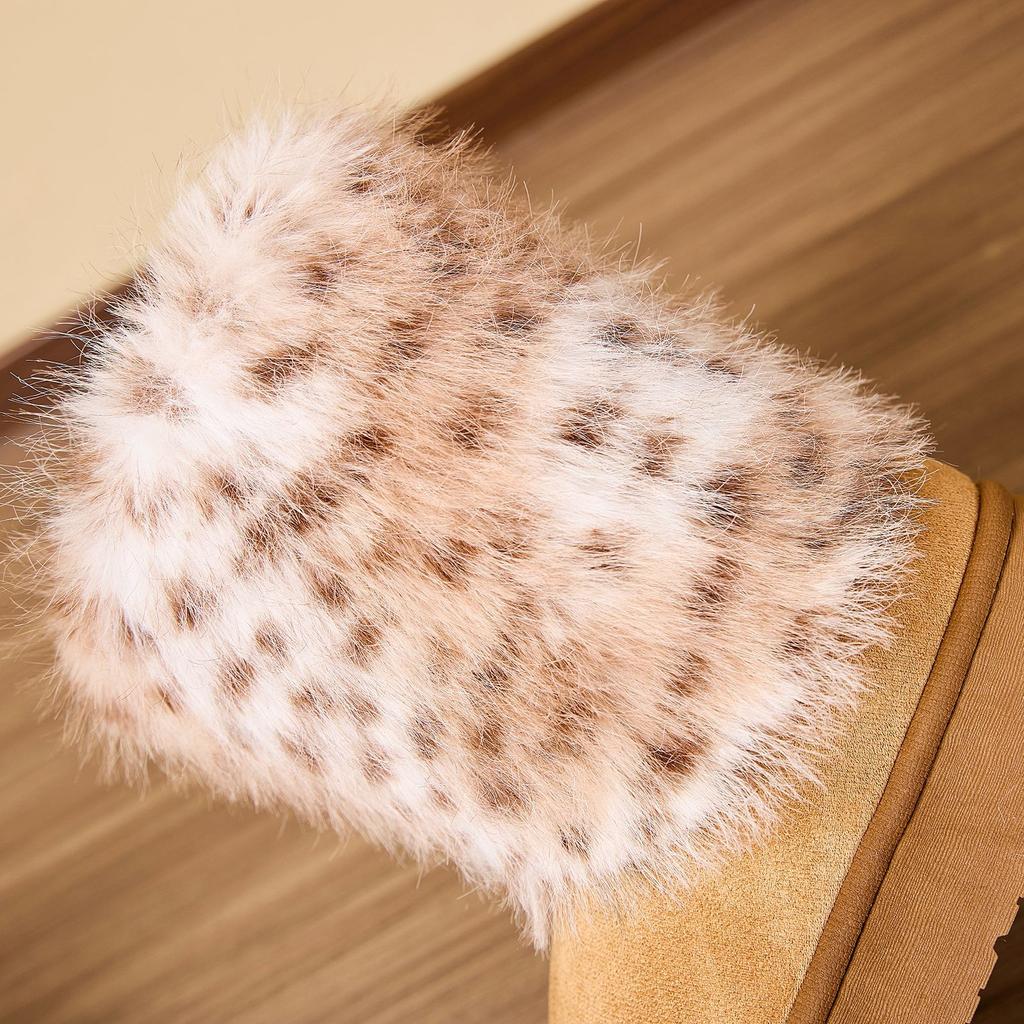 Leopard Print Long Haired High Top Boots for Winter Women, Thick Soled Anti Slip Warm Cotton Slippers, Home Cotton Shoes