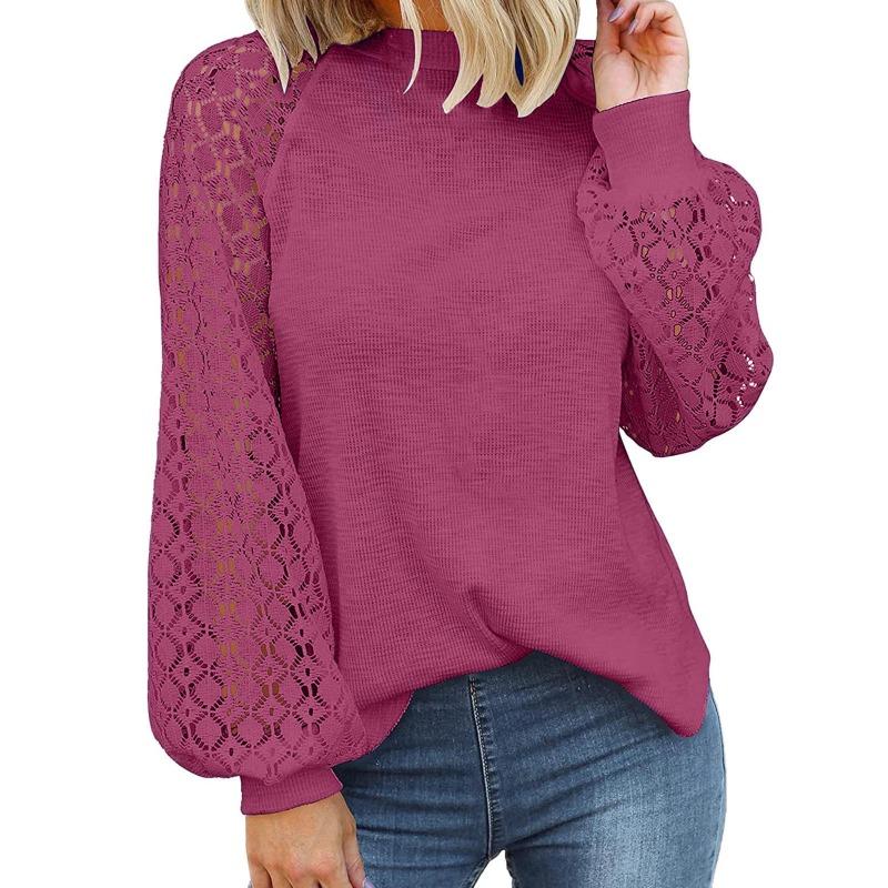 Spring Autumn Round Neck Long Sleeve Lace Splicing Loose Top for Women T-Shirts Women’s