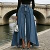 Women Pants High Waist Buttons Pants with Pockets Zipper Closure Denim Irregular Large Hem Wide Leg