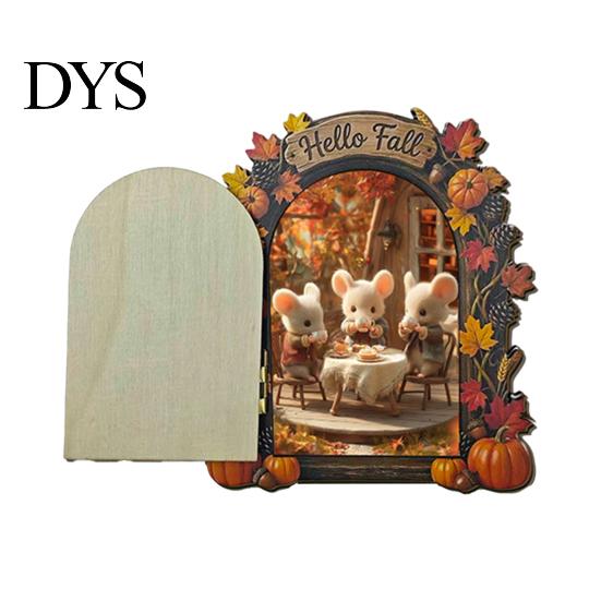 Fall Home Decor Accents Elf Wooden Door Halloween Decor, 2D Fairy Mouse Miniature Wall Rustic Autumn Shelf Hanging, Ornament for Home, Thanksgiving