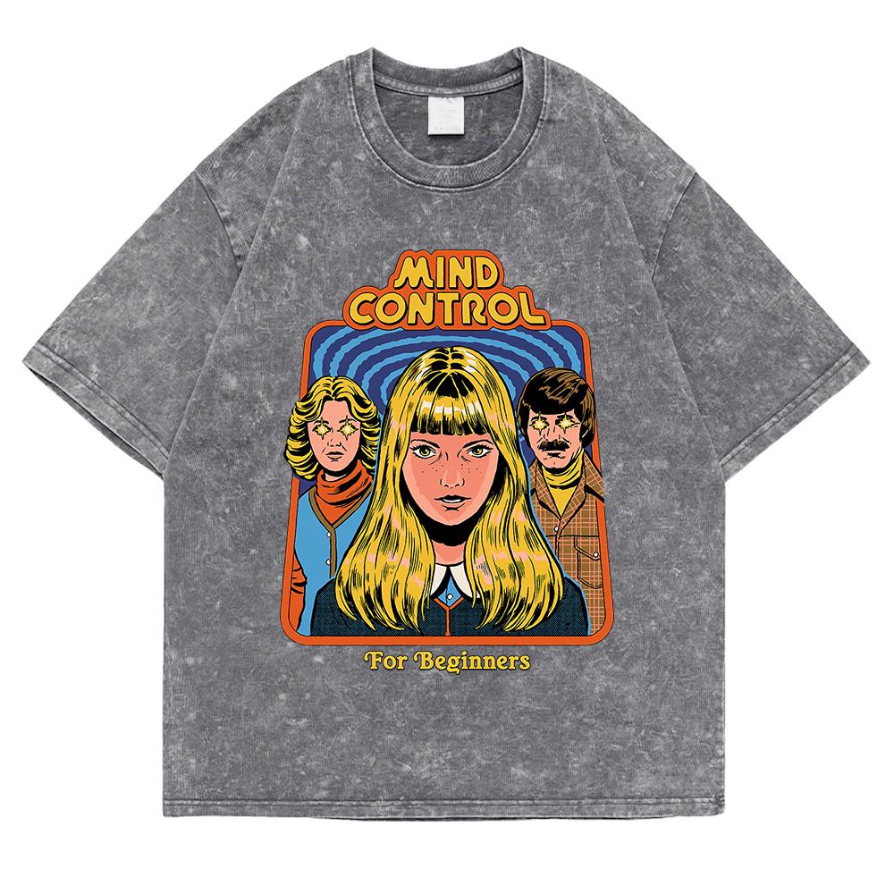 Mind Control For Beginners Washed Retro Men T Shirt Casual Oversize T-Shirt High Quality Cotton T-Shirt Short Sleeve