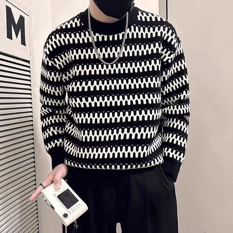 

Полосатый свитер, мужской осенне-зимний модный брендовый повседневный свитер с круглым вырезом в японском стиле в стиле ретро L чёрный