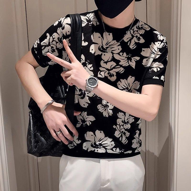 

Stylish Hollow Out Slim T-shirts Men s Clothing Casual Floral Printed Summer Short Sleeve Basic O-Neck Vintage Korean Pullovers L чёрный